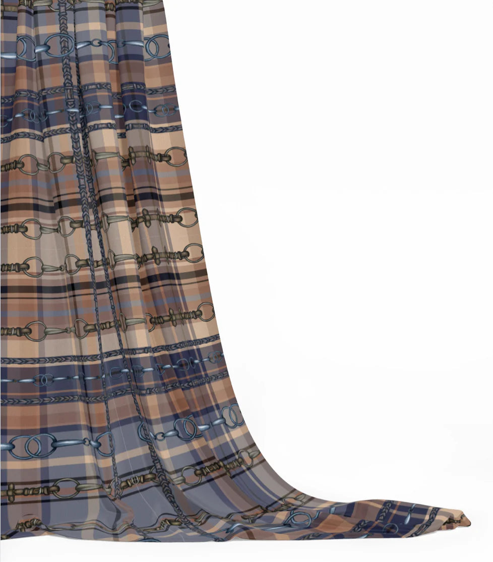 Blue Farmhouse Equestrian Plaid Fabric Luxury Equine Art for Custom Home Decor and Sewing Projects 42x36 inches Pure Cotton
