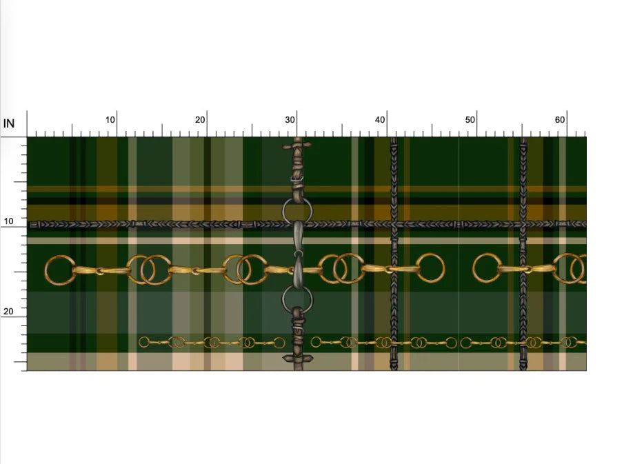 Green and Gold Christmas Equestrian Plaid Fabric Luxury Equine Art for Custom Home Decor and Sewing Projects 42x36 inches Pure Cotton