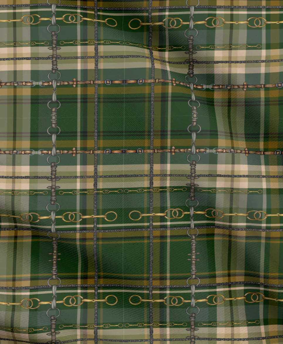 Green and Gold Christmas Equestrian Plaid Fabric Luxury Equine Art for Custom Home Decor and Sewing Projects 42x36 inches Pure Cotton