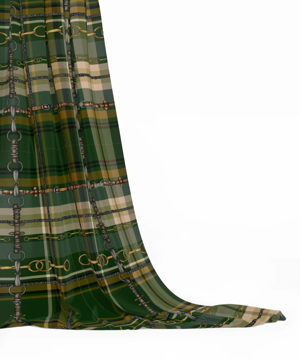 Green and Gold Christmas Equestrian Plaid Fabric Luxury Equine Art for Custom Home Decor and Sewing Projects 42x36 inches Pure Cotton