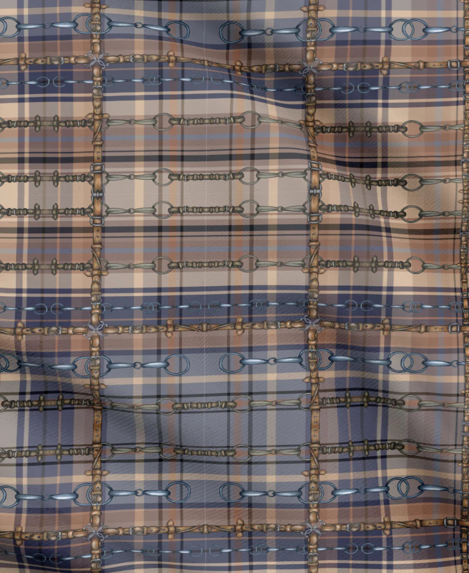 Blue and Brown Christmas Equestrian Plaid Fabric Luxury Equine Art for Custom Home Decor and Sewing Projects 42x36 inches Pure Cotton