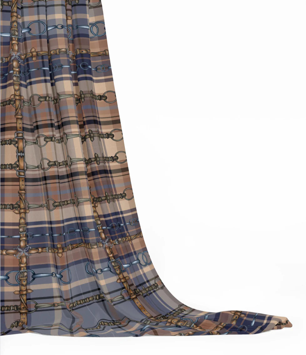 Blue and Brown Christmas Equestrian Plaid Fabric Luxury Equine Art for Custom Home Decor and Sewing Projects 42x36 inches Pure Cotton