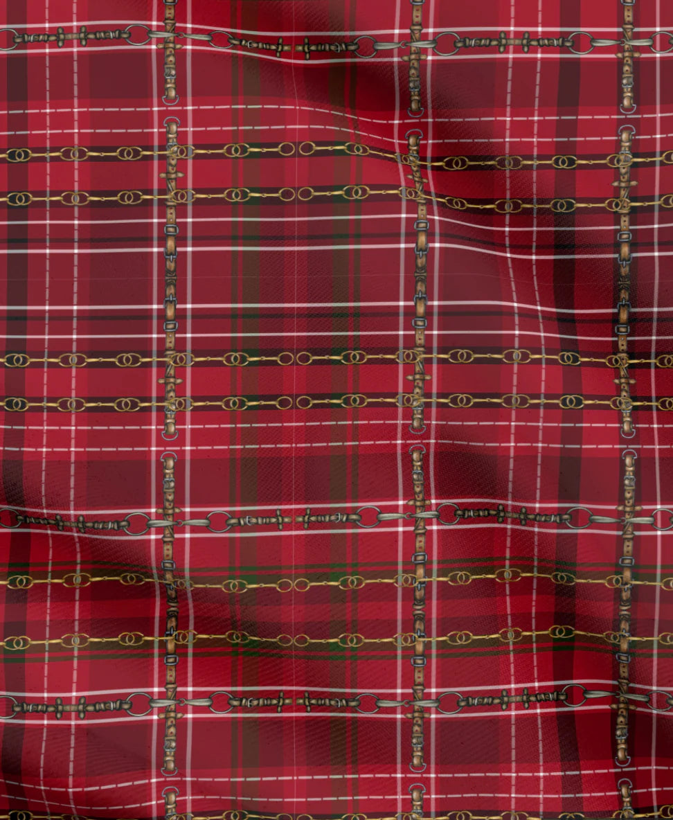 Red Equestrian Plaid Fabric Luxury Equine Art for Custom Home Decor and Sewing Projects 42x36 inches Pure Cotton