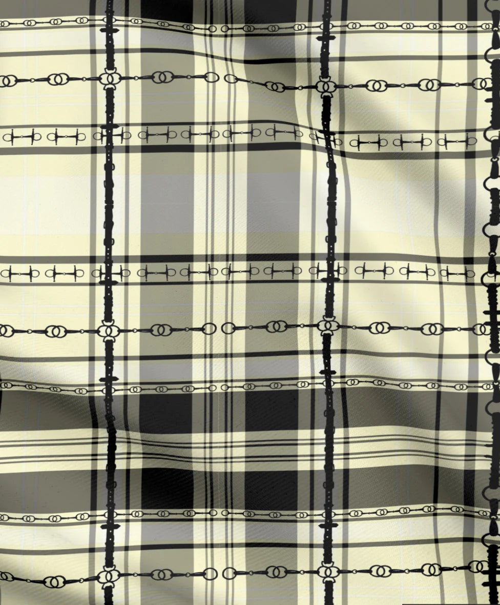 Ivory and Black Equestrian Plaid Fabric Luxury Equine Art for Custom Home Decor and Sewing Projects 42x36 inches Pure Cotton