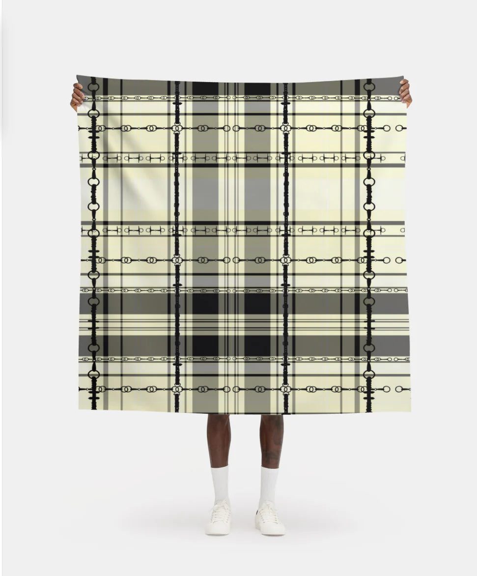 Ivory and Black Equestrian Plaid Fabric Luxury Equine Art for Custom Home Decor and Sewing Projects 42x36 inches Pure Cotton