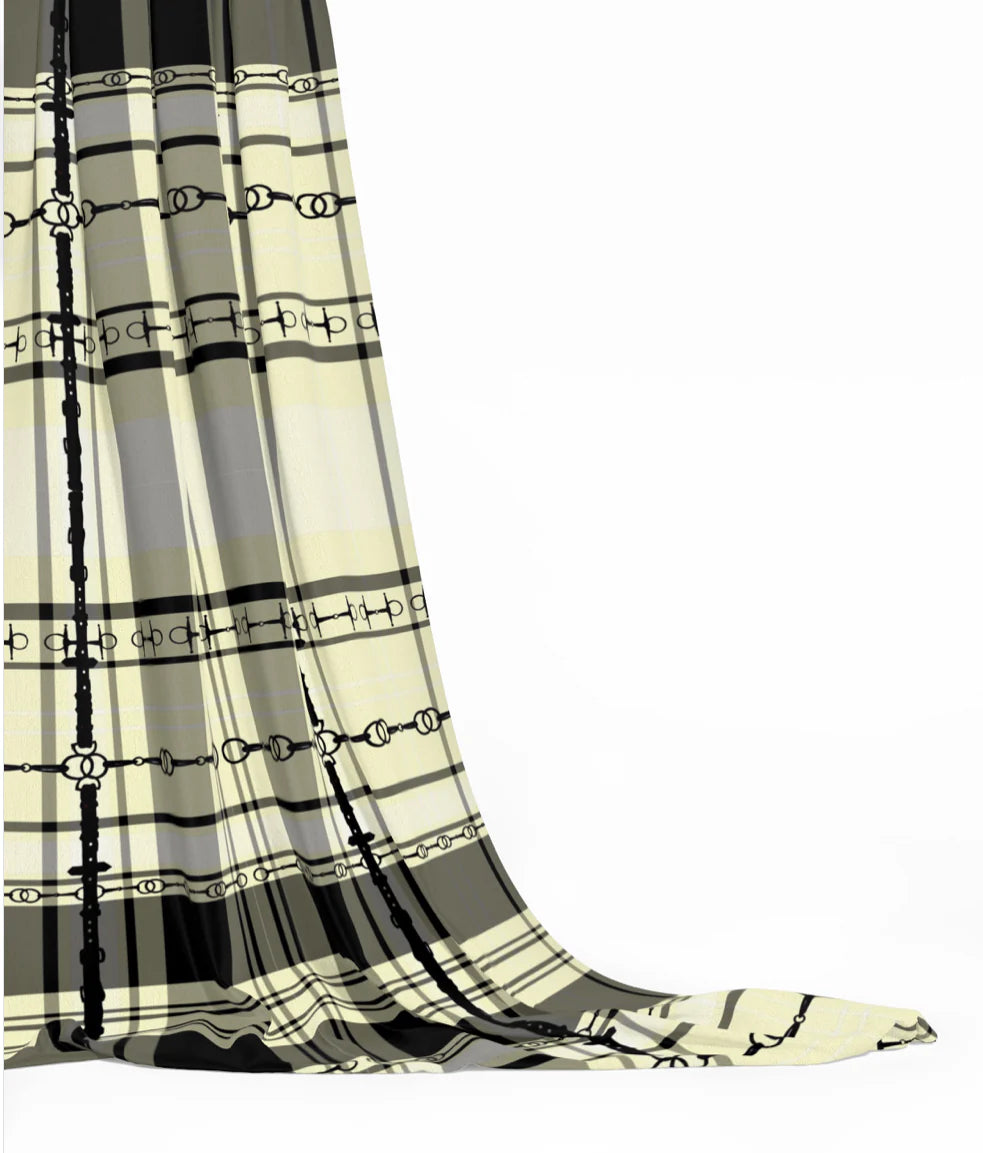 Ivory and Black Equestrian Plaid Fabric Luxury Equine Art for Custom Home Decor and Sewing Projects 42x36 inches Pure Cotton