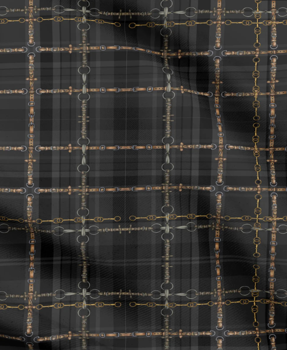Black and Gray Equestrian Plaid Fabric Luxury Equine Art for Custom Home Decor and Sewing Projects 42x36 inches Pure Cotton