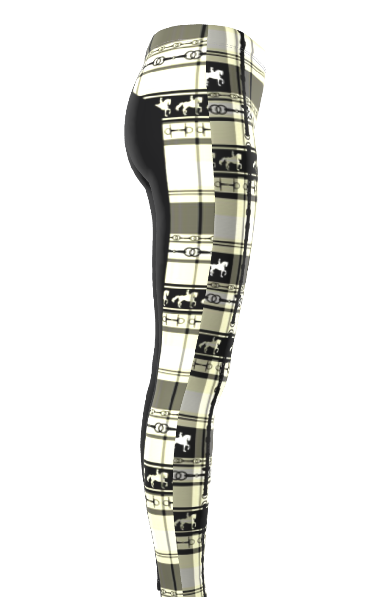 Black and Ivory Piaffe Plaid Equestrian Bit Faux Full Seat Riding Tights/ Leggings