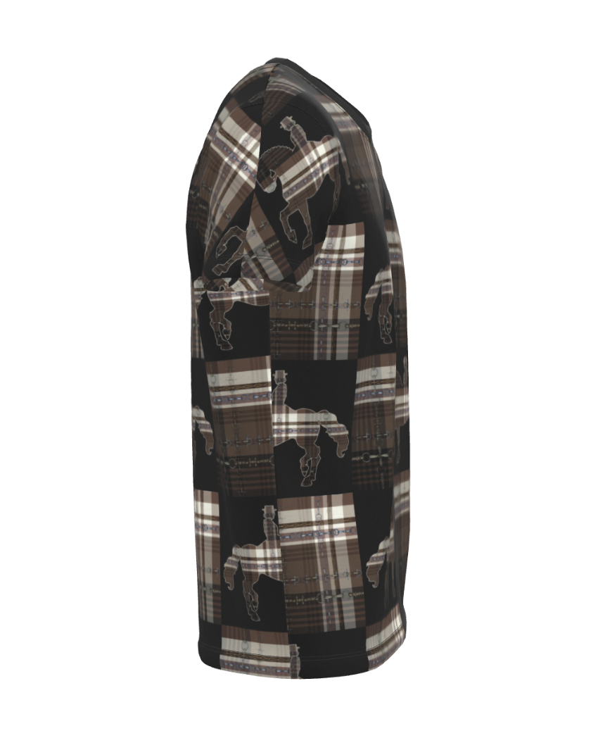 Black and Brown Checkered Equestrian Sporty Plaid All Over Print T Shirt