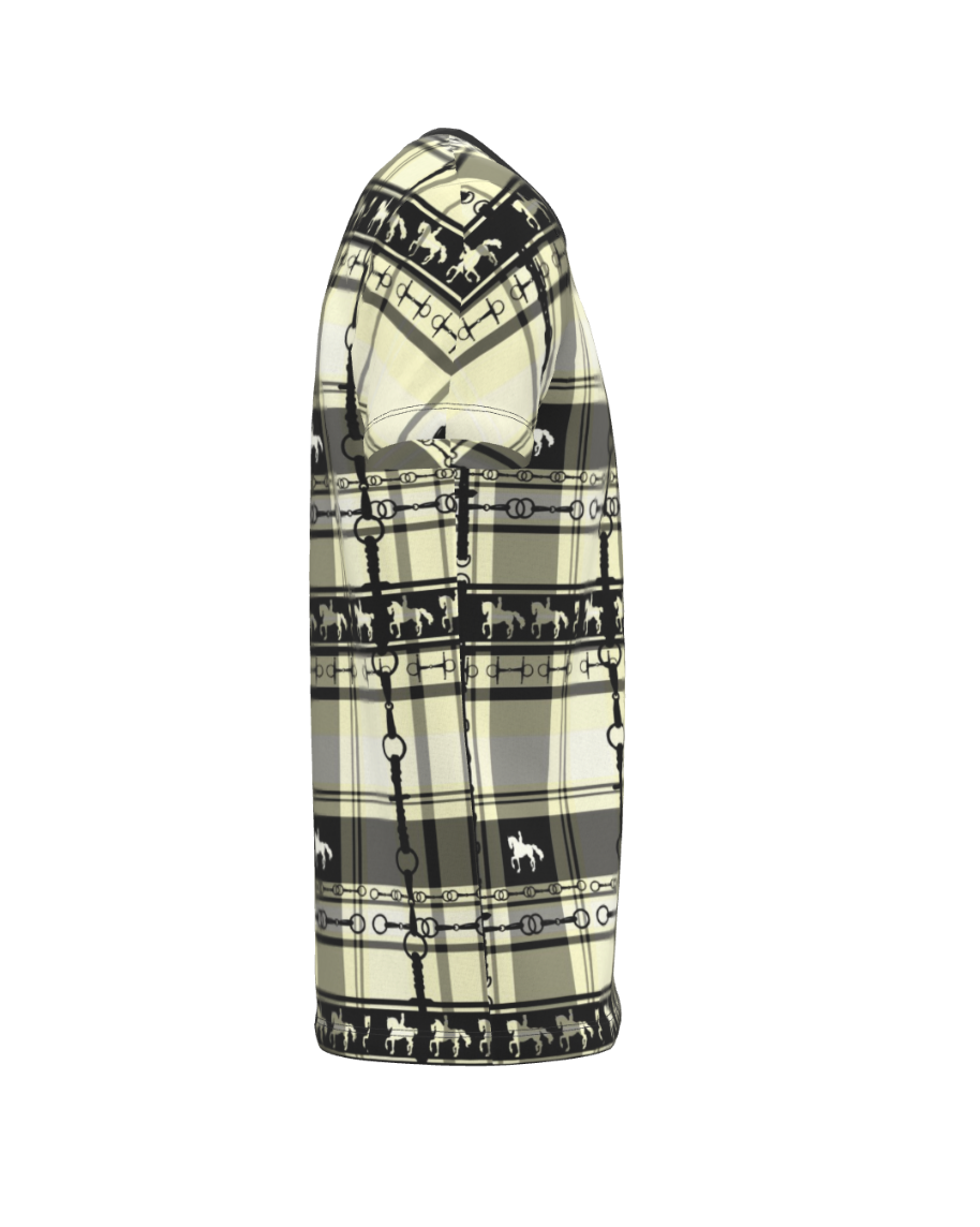 Ivory and Black Equestrian Sporty Plaid All Over Print T Shirt