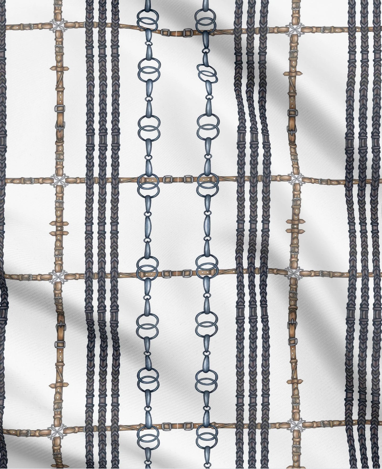 White Rein and Bits Equestrian Fabric Luxury Equine Art for Custom Home Decor and Sewing Projects 42x36 inches Pure Cotton