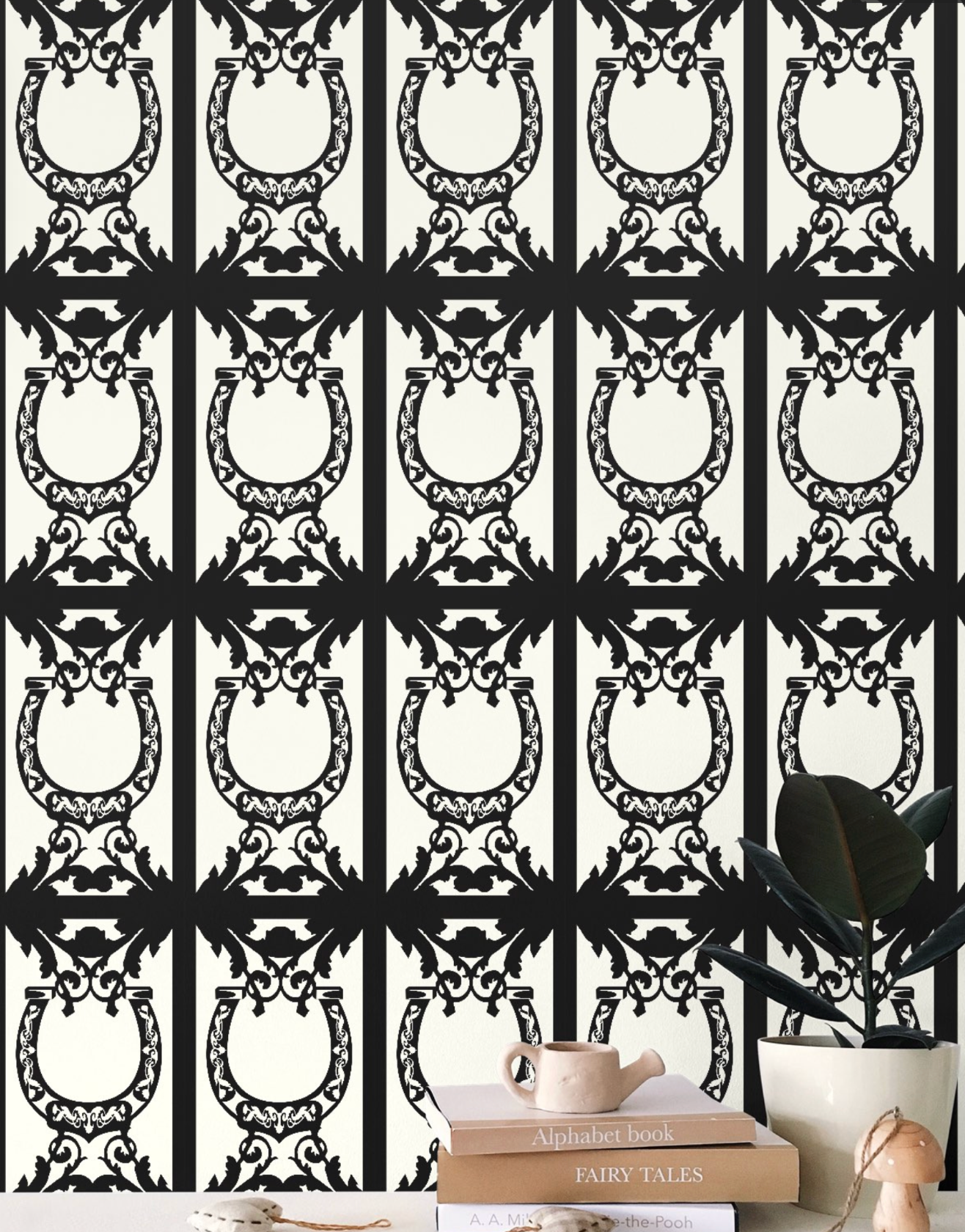 Horseshoe Wallpaper Elegant Ivory and Black Equestrian Home Decor