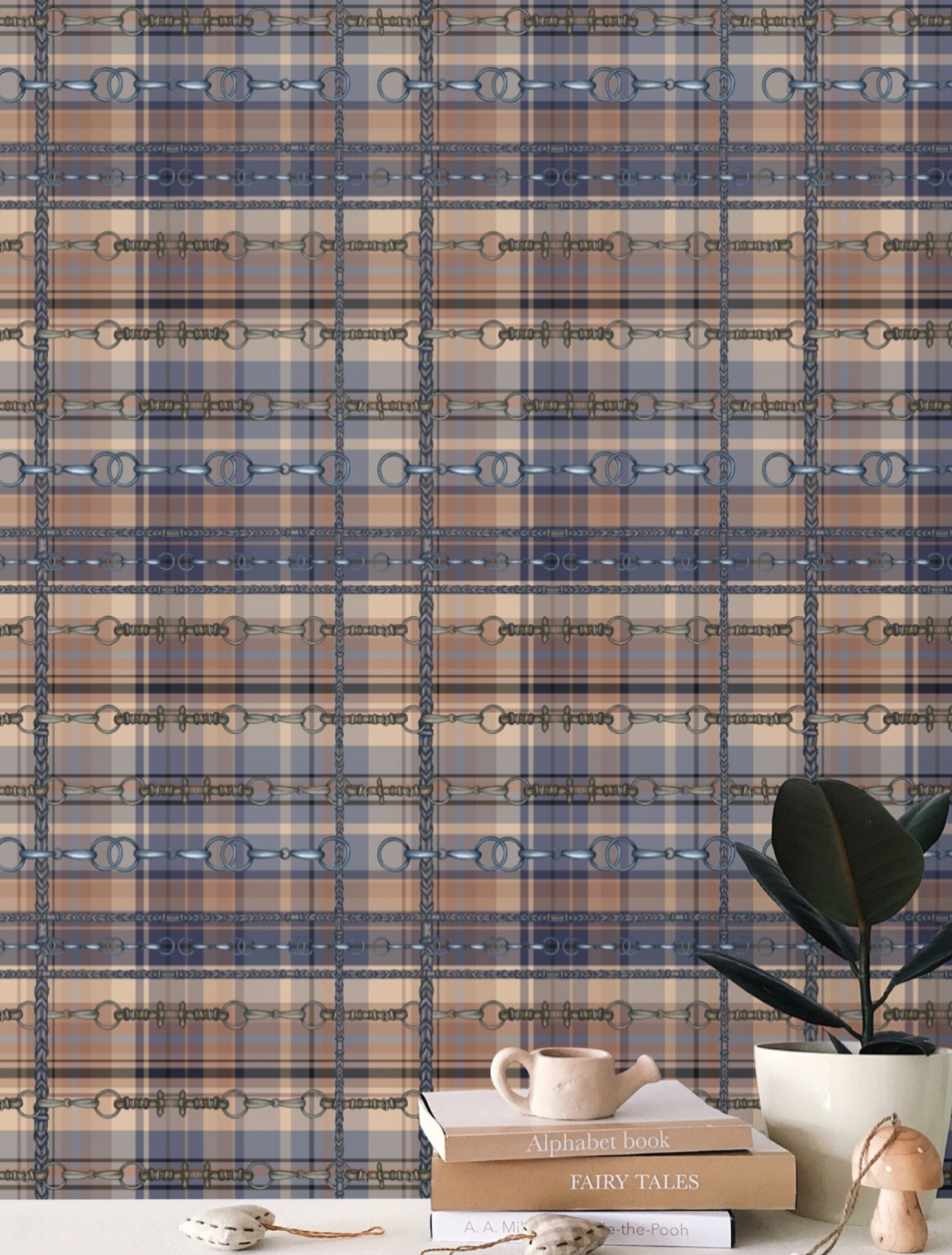 Blue Farmhouse Plaid Wallpaper Equestrian Home Decor