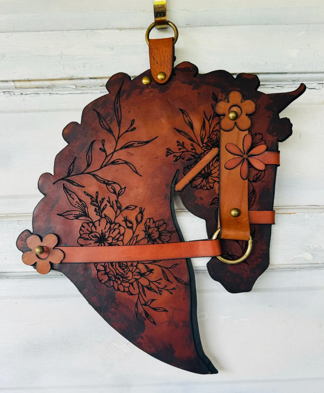 Authentic Leather and wood Horse Head Wall decor. Leather Home Barn Door Wall Decor