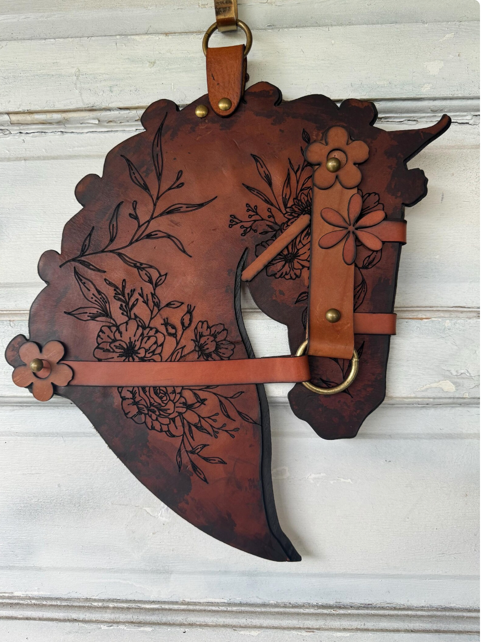 Authentic Leather and wood Horse Head Wall decor. Leather Home Barn Door Wall Decor