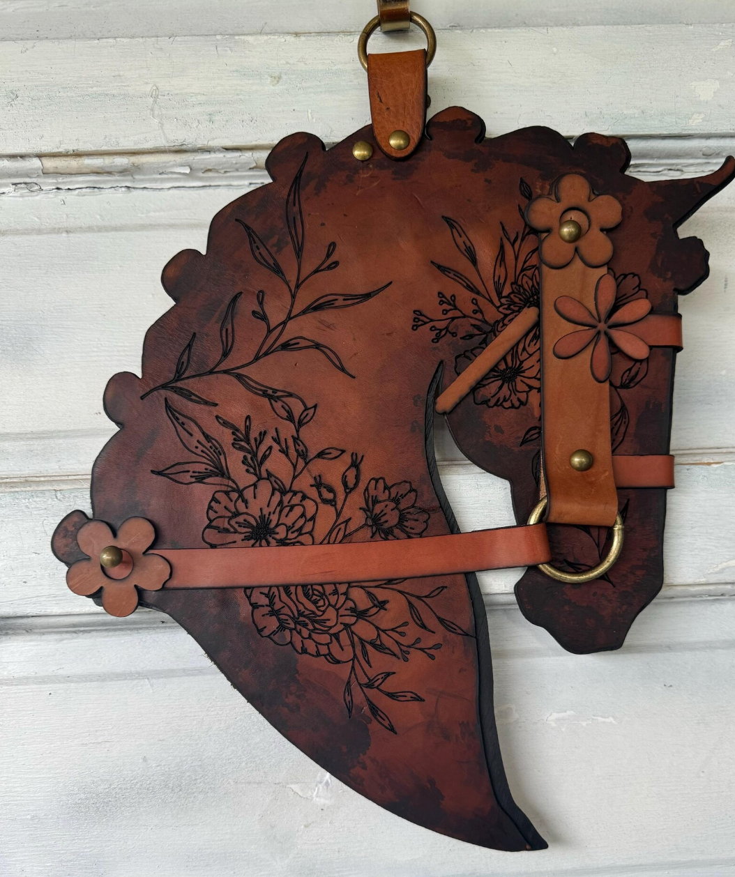 Authentic Leather and wood Horse Head Wall decor. Leather Home Barn Door Wall Decor