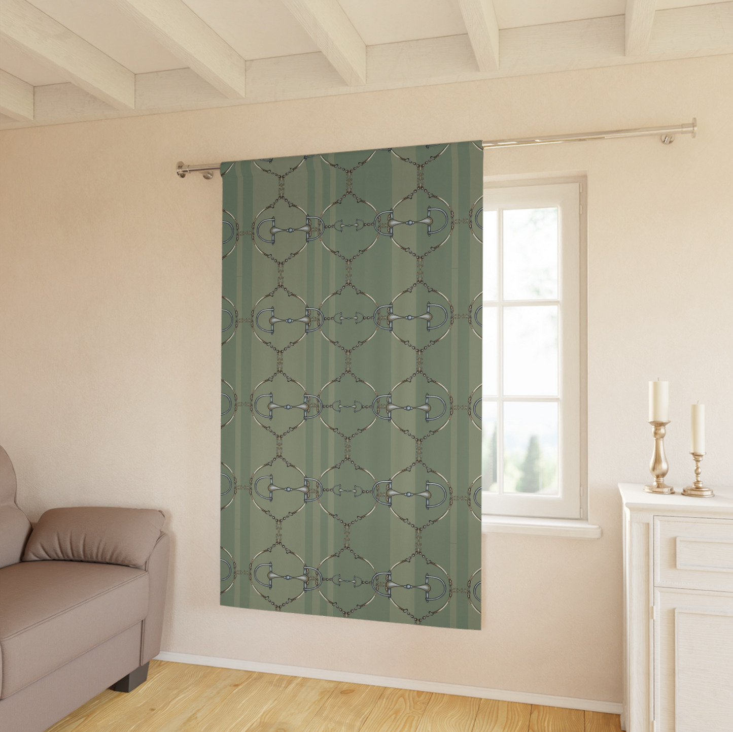 Sage Green Equestrian Snaffle Bit heavy high quality Window Curtains (1 Piece)