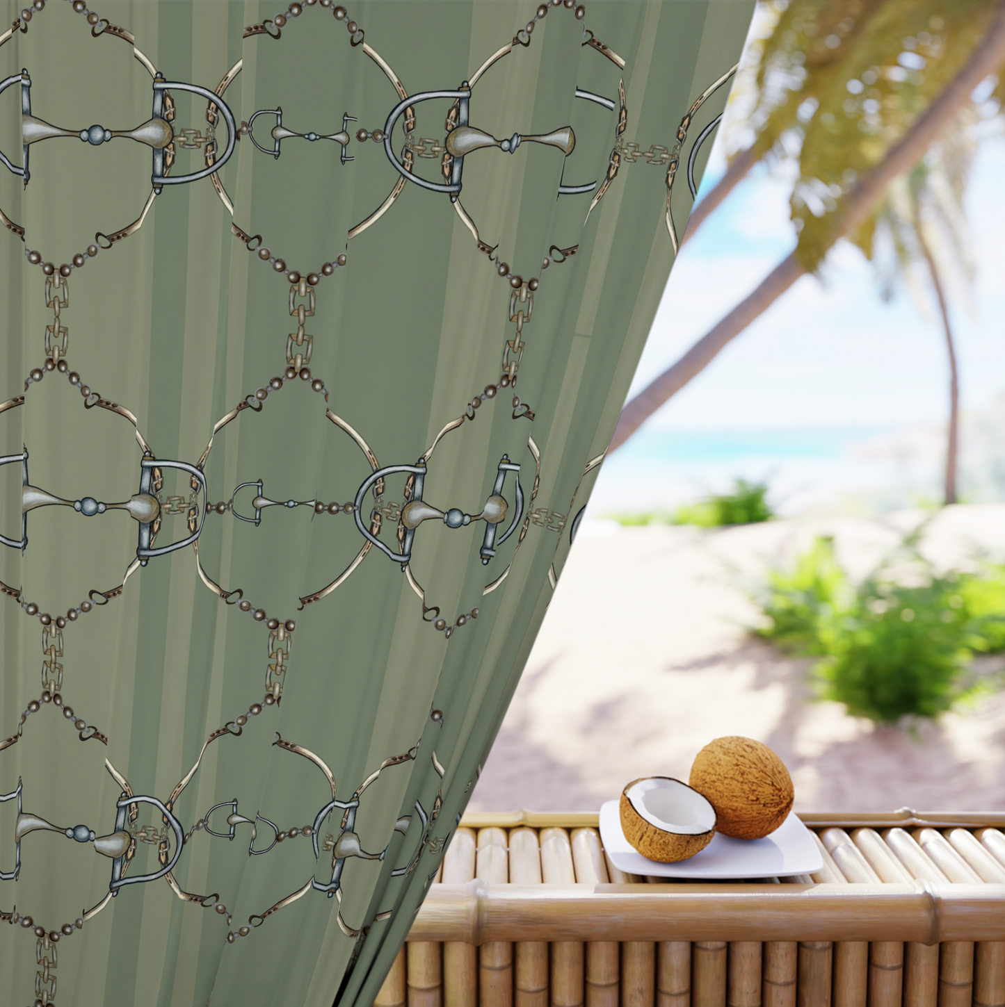Sage Green Equestrian Snaffle Bit heavy high quality Window Curtains (1 Piece)