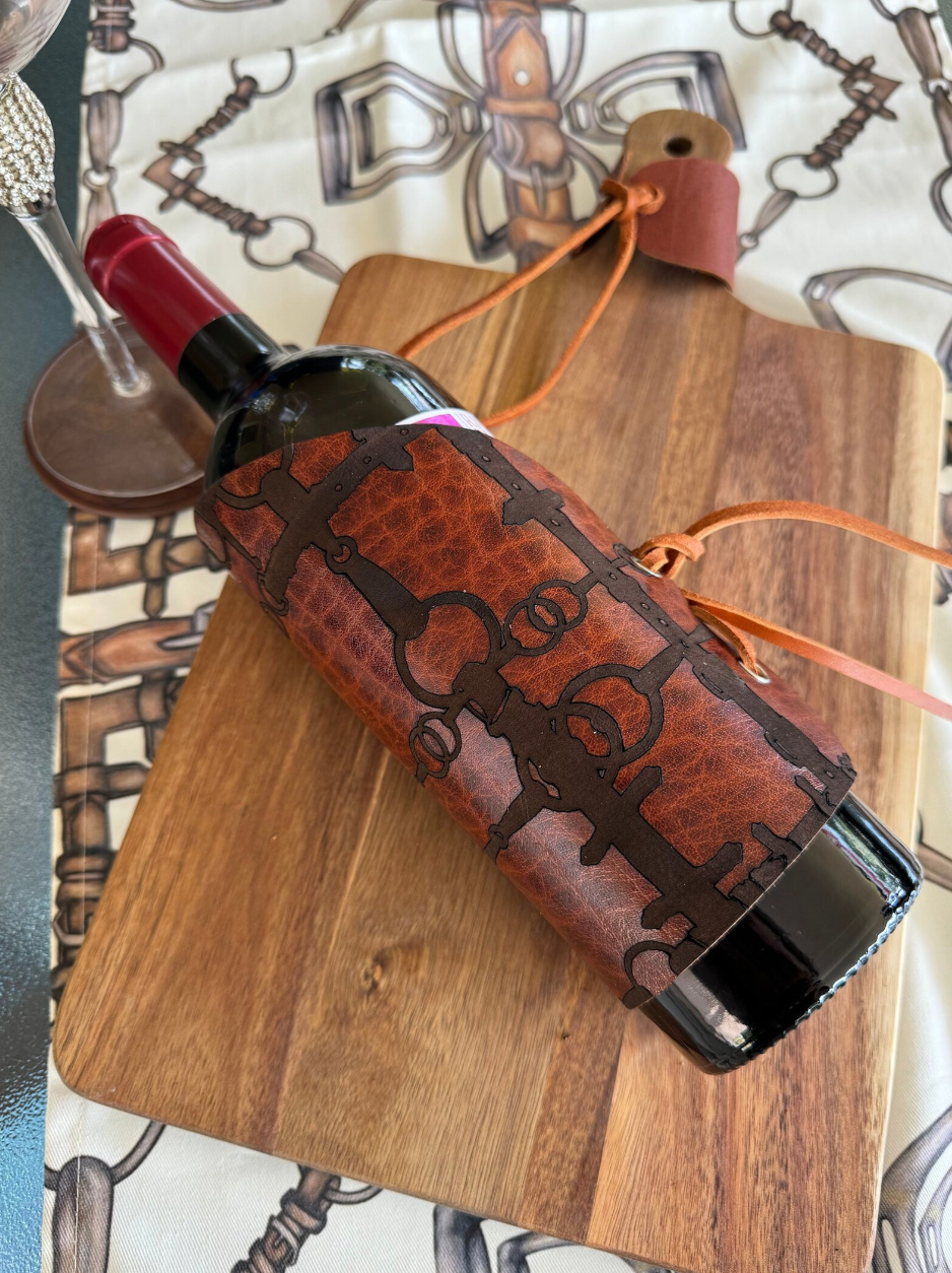 Leather Equestrian Party Wine Cousy Rein and Bit Laser Engraved Artwork