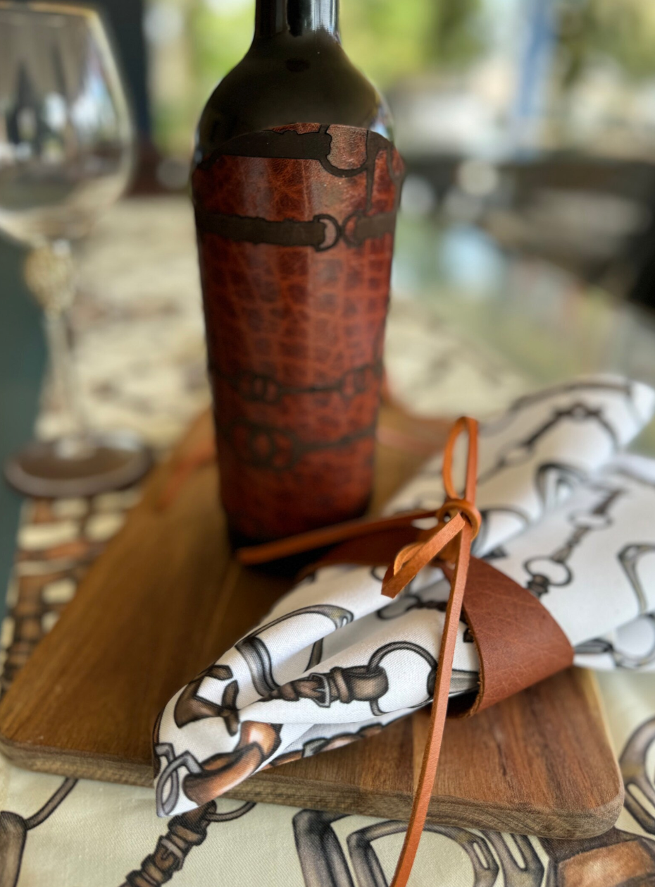 Leather Equestrian Party Wine Cousy Rein and Bit Laser Engraved Artwork
