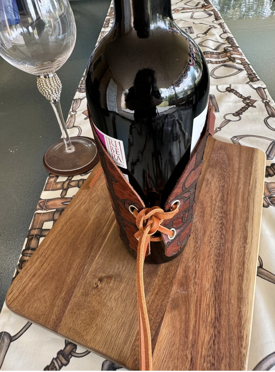 Leather Equestrian Party Wine Cousy Rein and Bit Laser Engraved Artwork