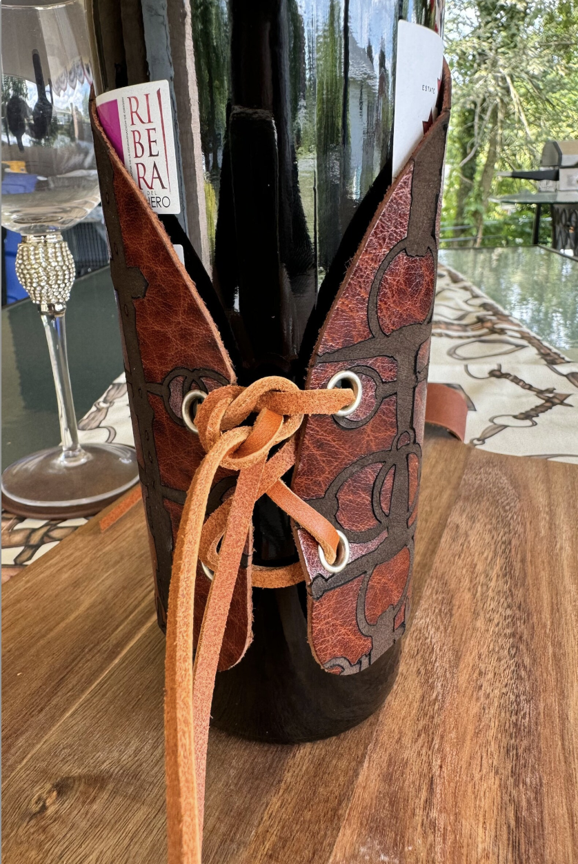 Leather Equestrian Party Wine Cousy Rein and Bit Laser Engraved Artwork