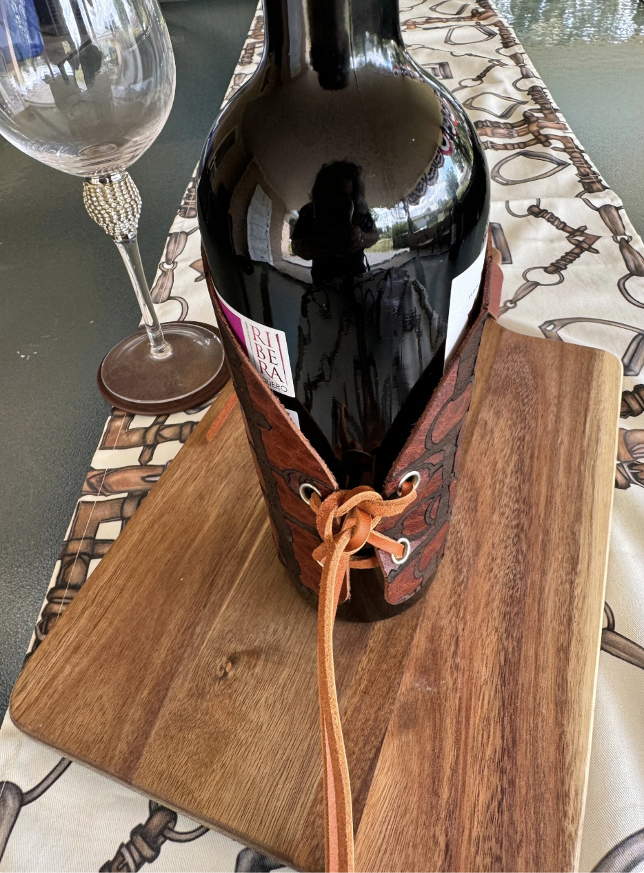 Leather Equestrian Party Wine Cousy Rein and Bit Laser Engraved Artwork