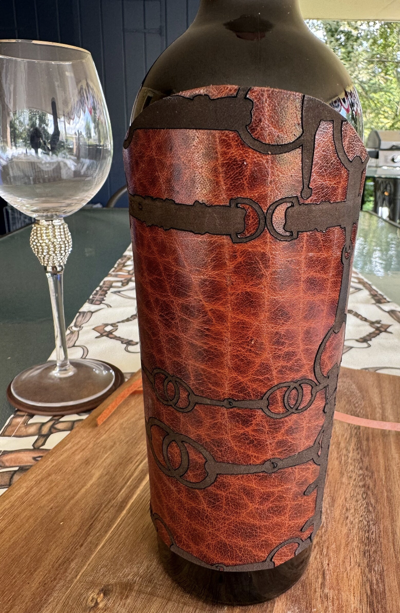 Leather Equestrian Party Wine Cousy Rein and Bit Laser Engraved Artwork