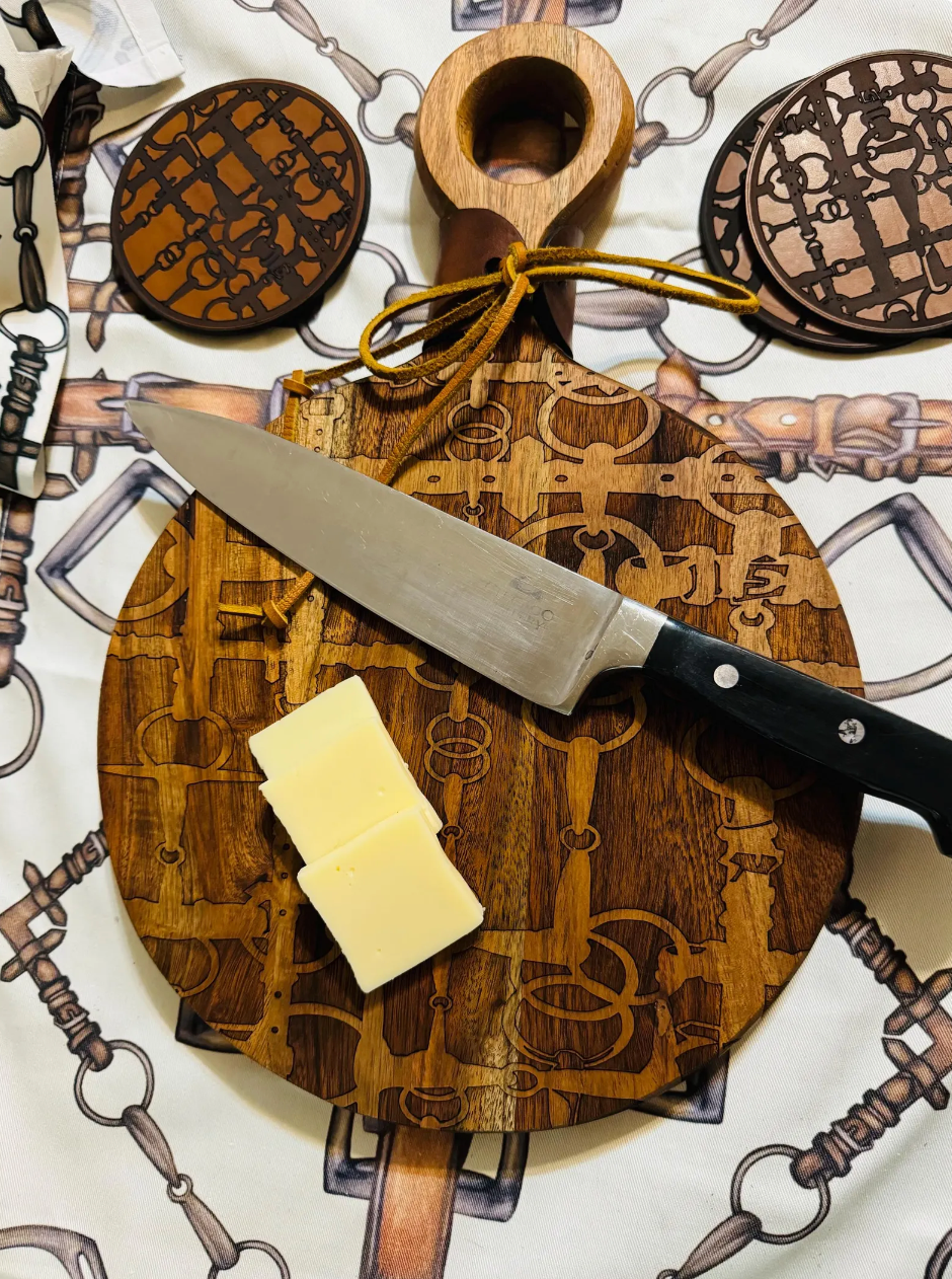 Round Equine Snaffle Bit Engraved Charcuterie Board - Food Safe Cheese Serving Board Tray with Leather Detail
