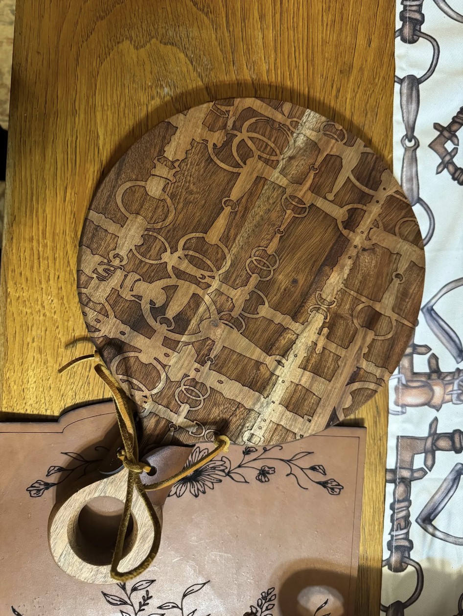 Round Equine Snaffle Bit Engraved Charcuterie Board - Food Safe Cheese Serving Board Tray with Leather Detail