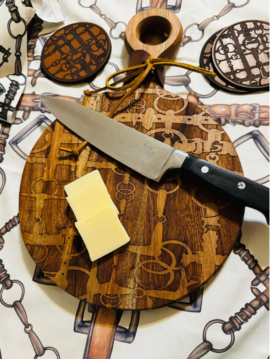 Round Equine Snaffle Bit Engraved Charcuterie Board - Food Safe Cheese Serving Board Tray with Leather Detail