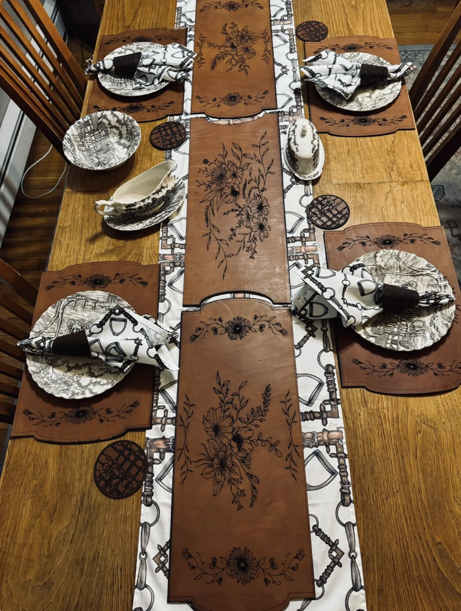 Leather Table Runner. Three Piece leather Floral Table Runner. Holiday Table Decor Rustic Classic Equestrian Table Runner