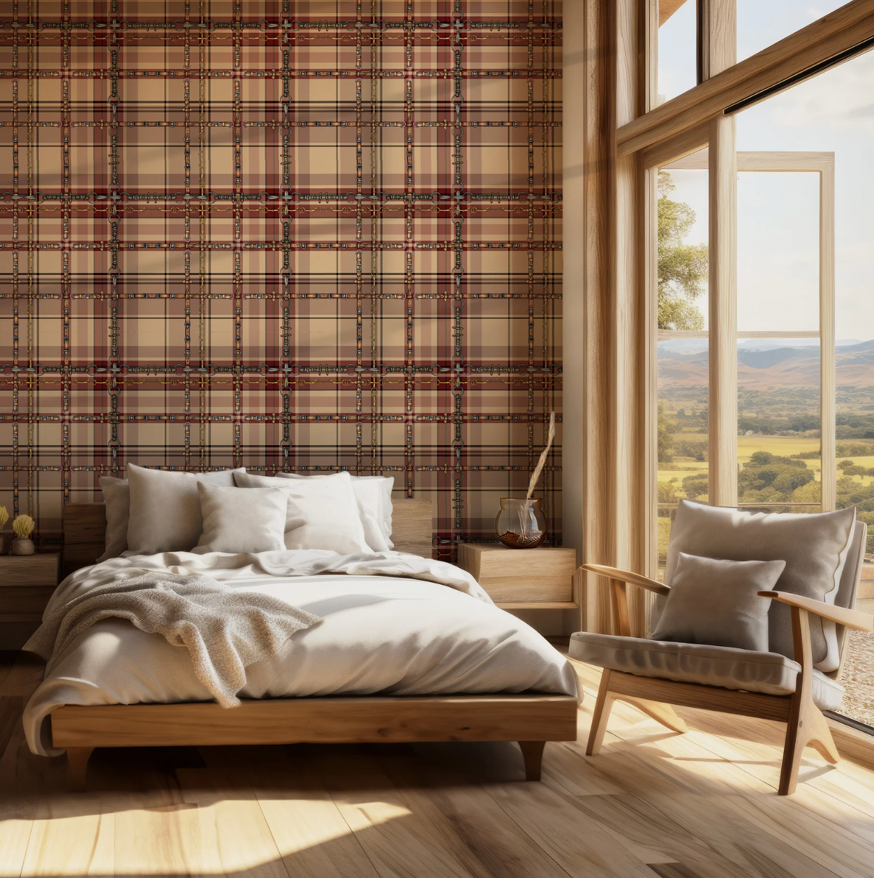 Farmhouse Plaid Wallpaper Bit and Rein Pattern Traditional Red and Brown Plaid Luxury Equestrian Home Decor