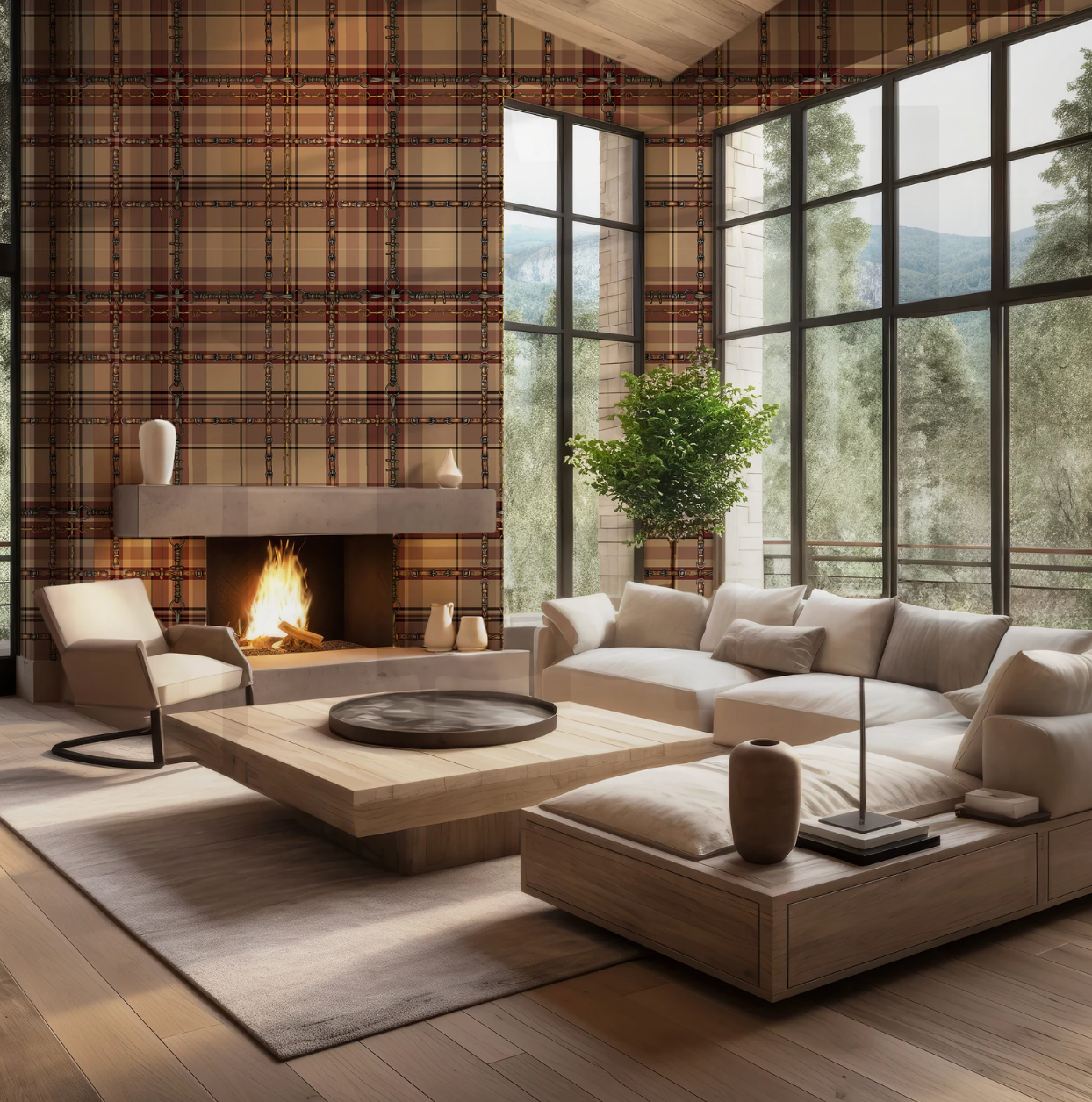 Farmhouse Plaid Wallpaper Bit and Rein Pattern Traditional Red and Brown Plaid Luxury Equestrian Home Decor