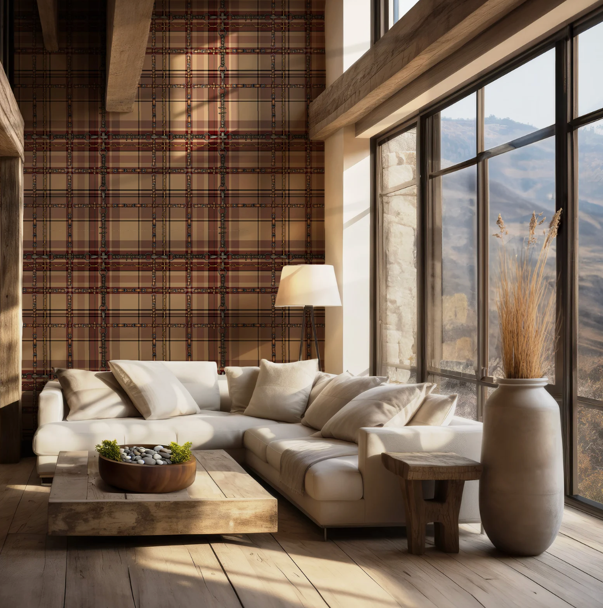 Farmhouse Plaid Wallpaper Bit and Rein Pattern Traditional Red and Brown Plaid Luxury Equestrian Home Decor