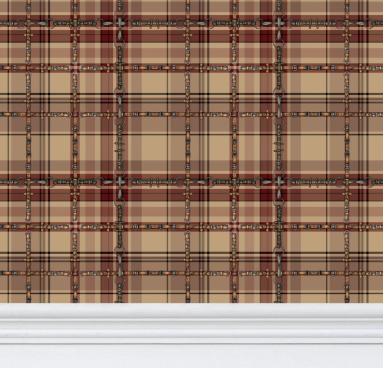 Farmhouse Plaid Wallpaper Bit and Rein Pattern Traditional Red and Brown Plaid Luxury Equestrian Home Decor