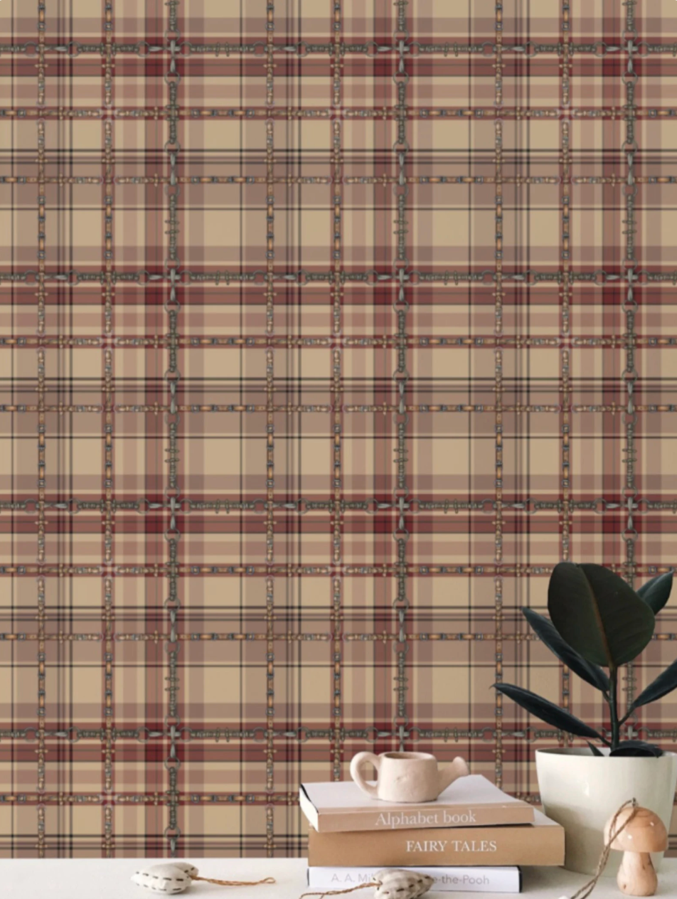 Farmhouse Plaid Wallpaper Bit and Rein Pattern Traditional Red and Brown Plaid Luxury Equestrian Home Decor