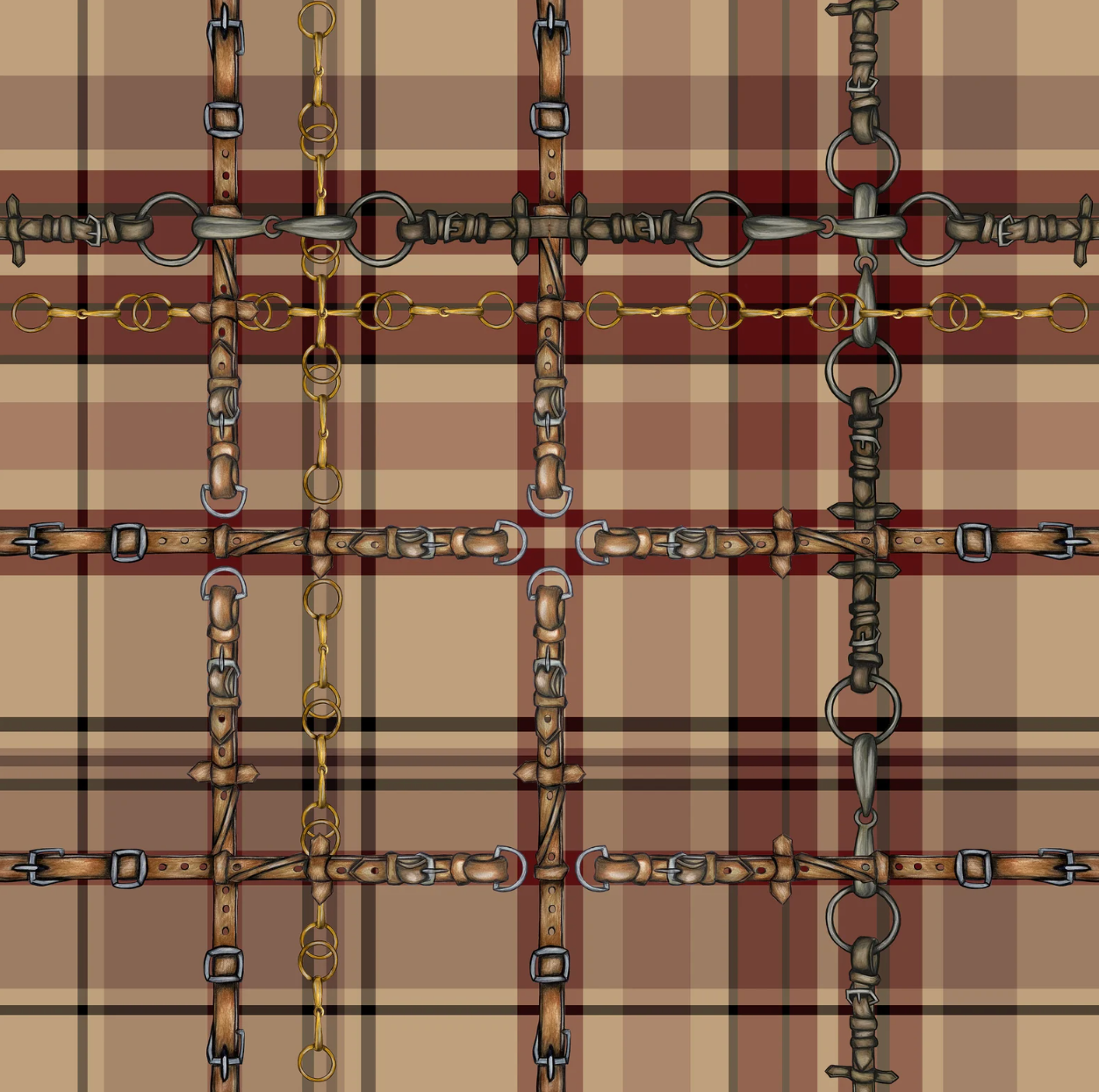 Farmhouse Plaid Wallpaper Bit and Rein Pattern Traditional Red and Brown Plaid Luxury Equestrian Home Decor