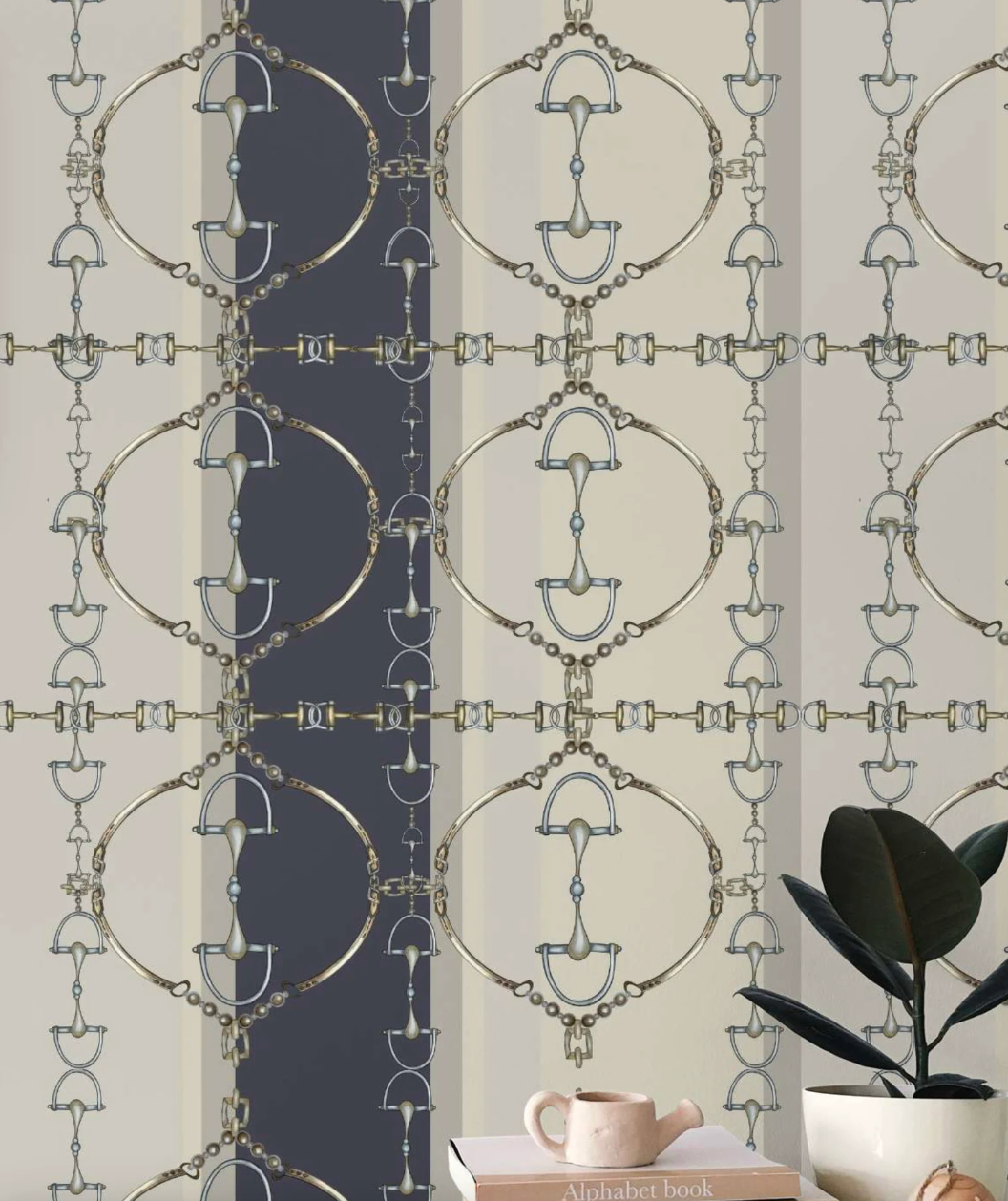 Navy Snaffle Bit Wallpaper Luxury Equestrian Home Decor Farmhouse Wall Accent Wallpaper Neutral Decor