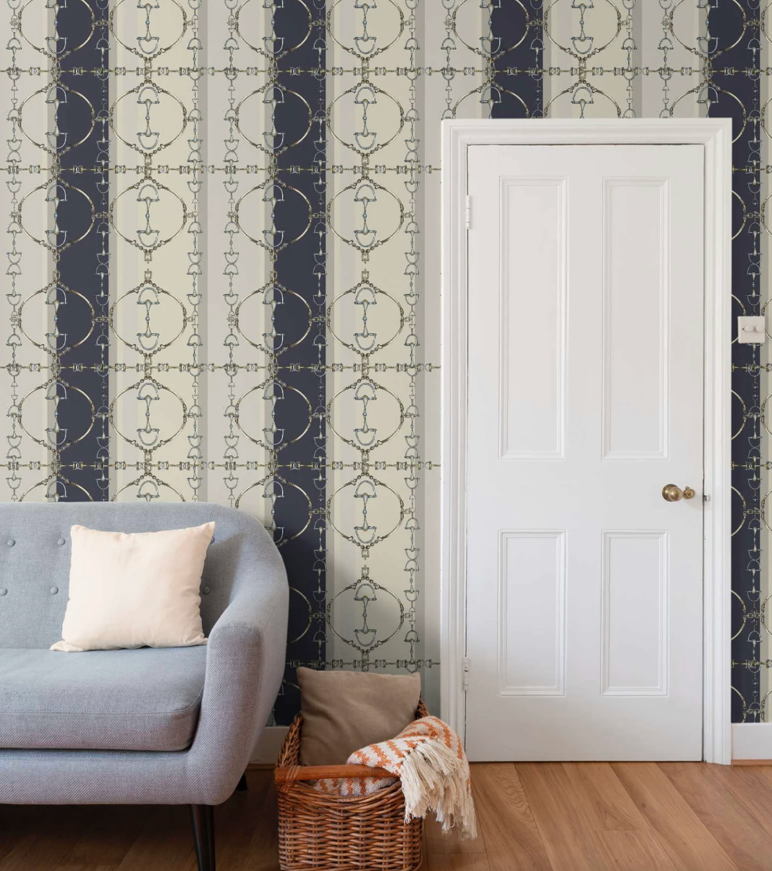 Navy Snaffle Bit Wallpaper Luxury Equestrian Home Decor Farmhouse Wall Accent Wallpaper Neutral Decor