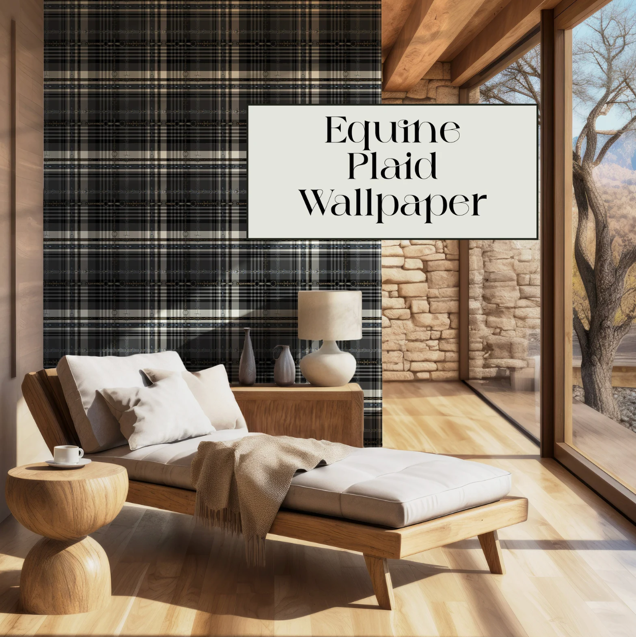 Gray and Black Equestrian Wallpaper Bit and Rein Pattern Plaid Luxury Equestrian Home Decor