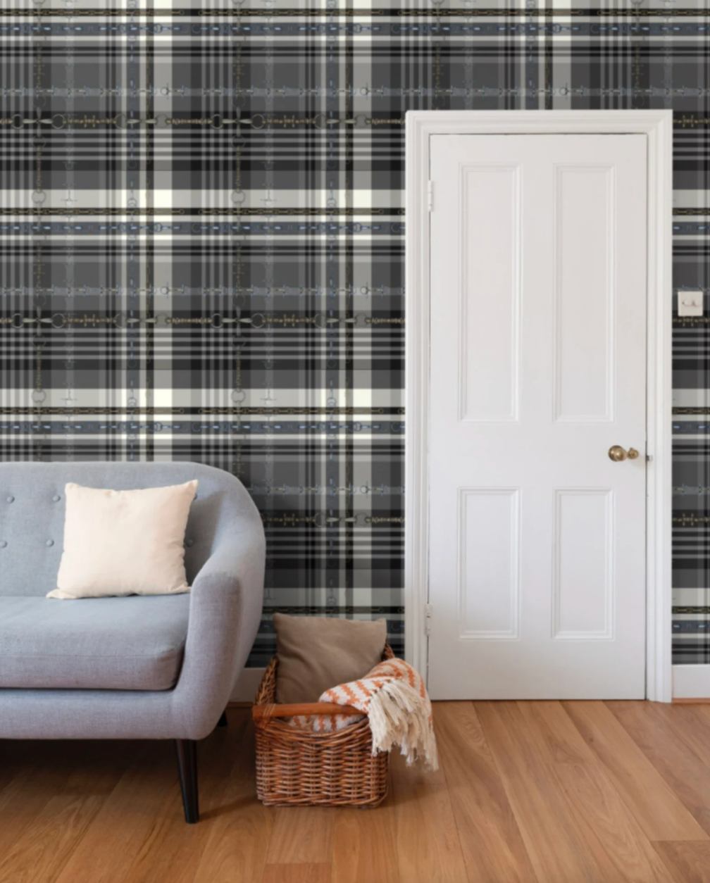 Gray and Black Equestrian Wallpaper Bit and Rein Pattern Plaid Luxury Equestrian Home Decor