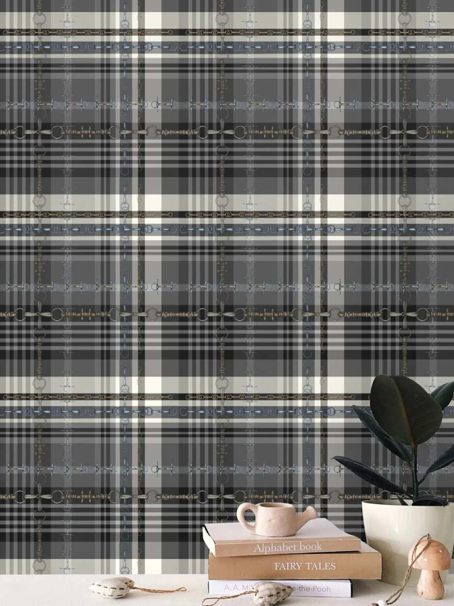 Gray and Black Equestrian Wallpaper Bit and Rein Pattern Plaid Luxury Equestrian Home Decor