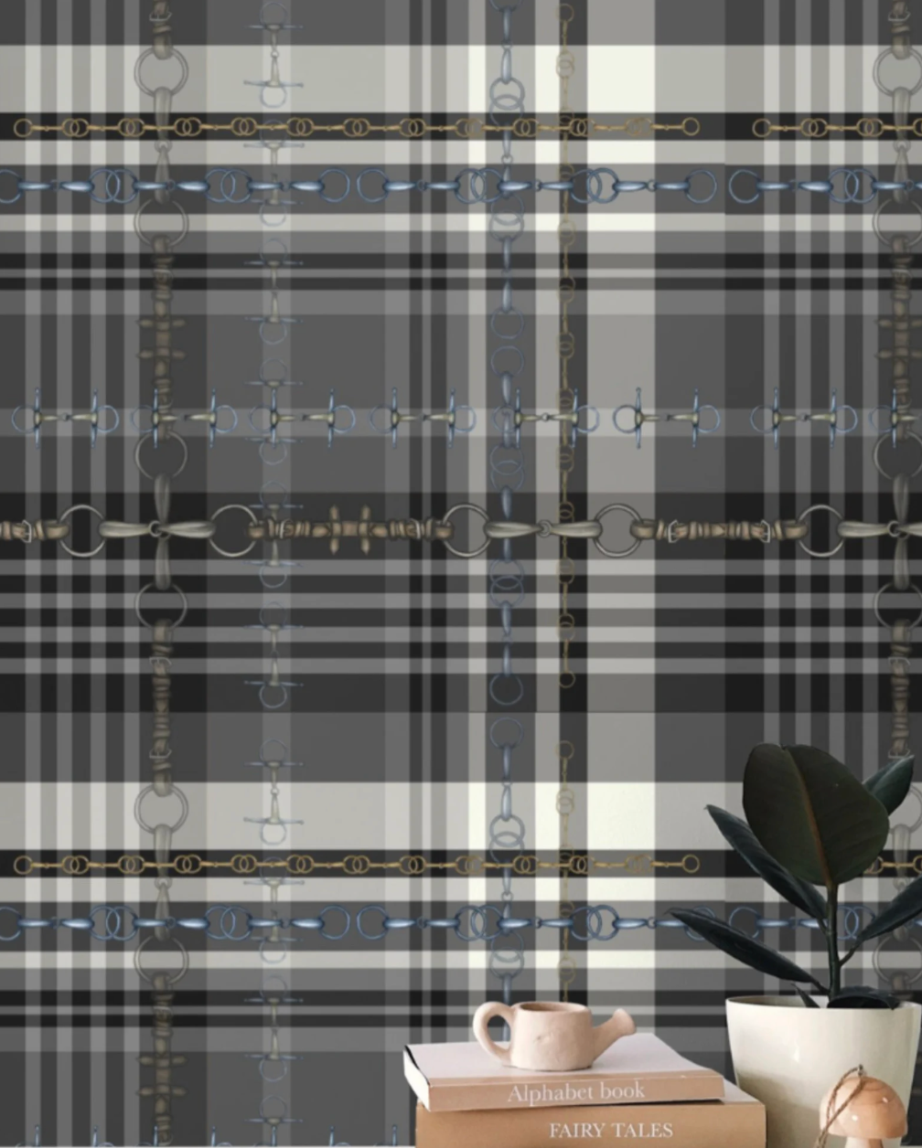 Gray and Black Equestrian Wallpaper Bit and Rein Pattern Plaid Luxury Equestrian Home Decor