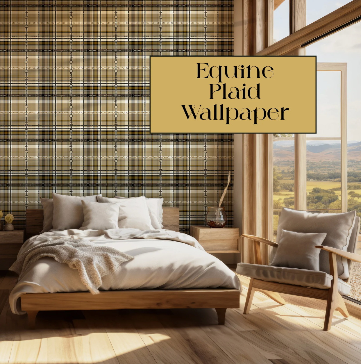 Yellow Ochre Plaid Wallpaper Bit and Rein Pattern Traditional Red and Brown Plaid Luxury Equestrian Home Decor Farmhouse Wall Accent