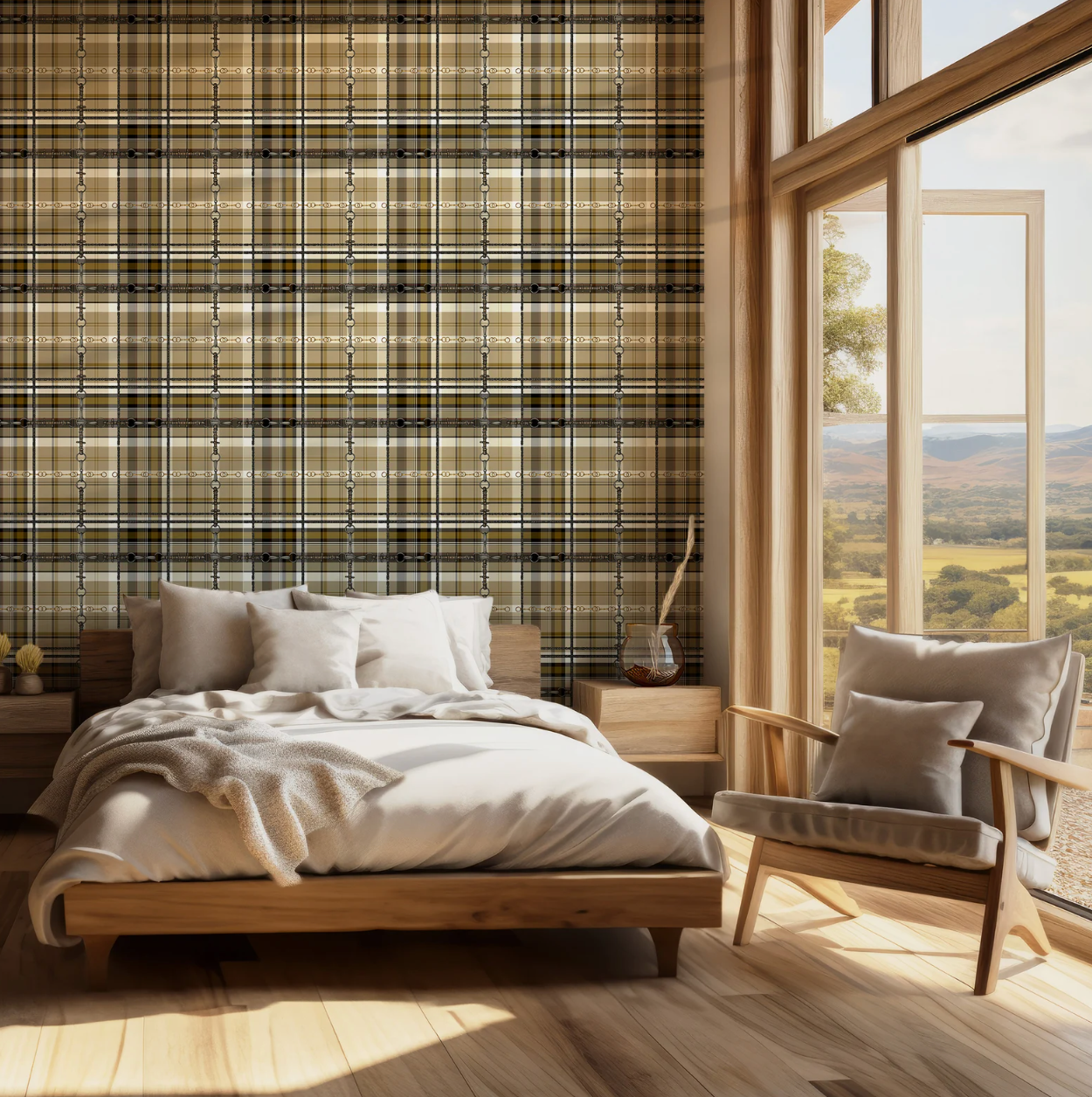 Yellow Ochre Plaid Wallpaper Bit and Rein Pattern Traditional Red and Brown Plaid Luxury Equestrian Home Decor Farmhouse Wall Accent