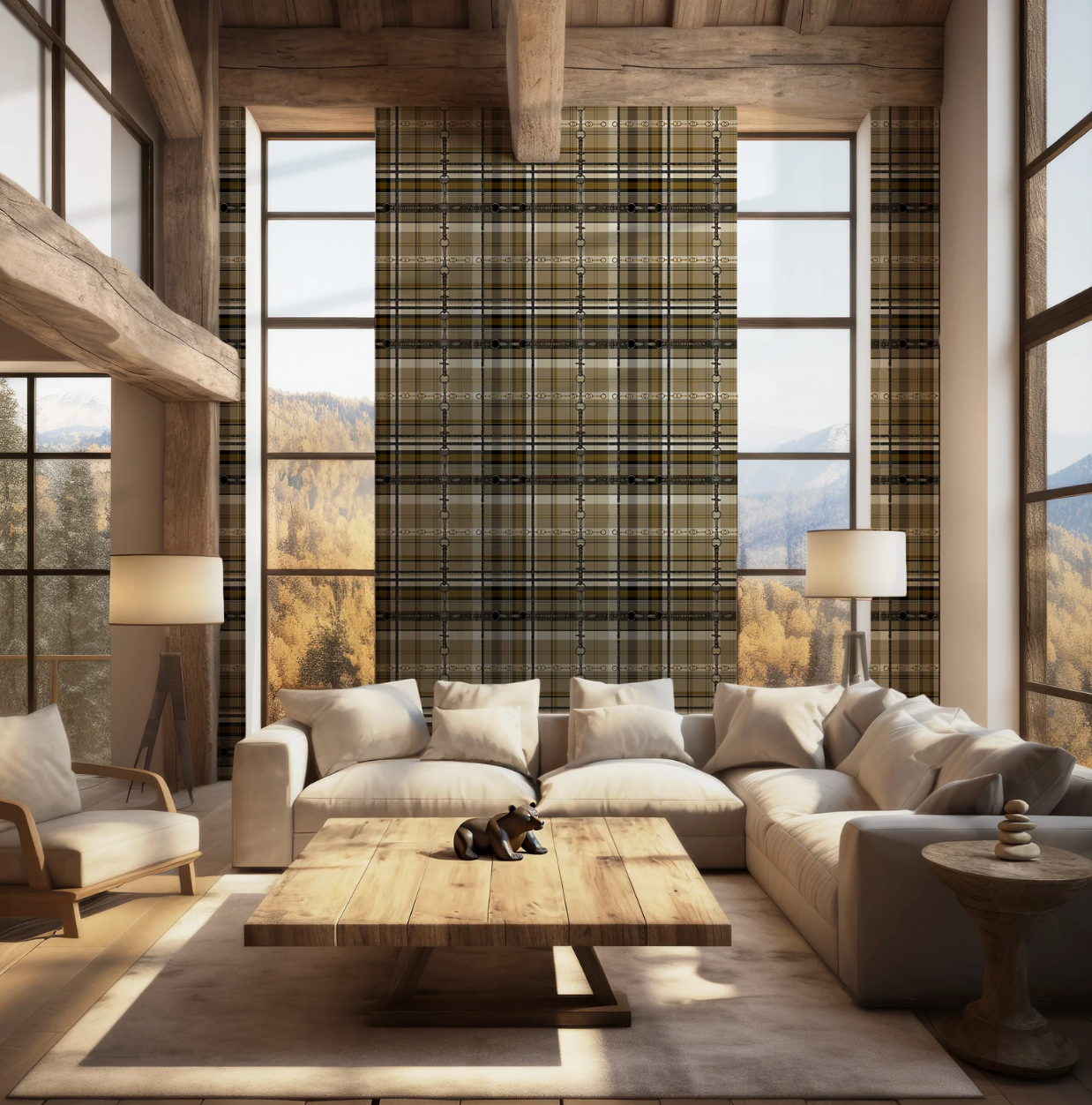 Yellow Ochre Plaid Wallpaper Bit and Rein Pattern Traditional Red and Brown Plaid Luxury Equestrian Home Decor Farmhouse Wall Accent