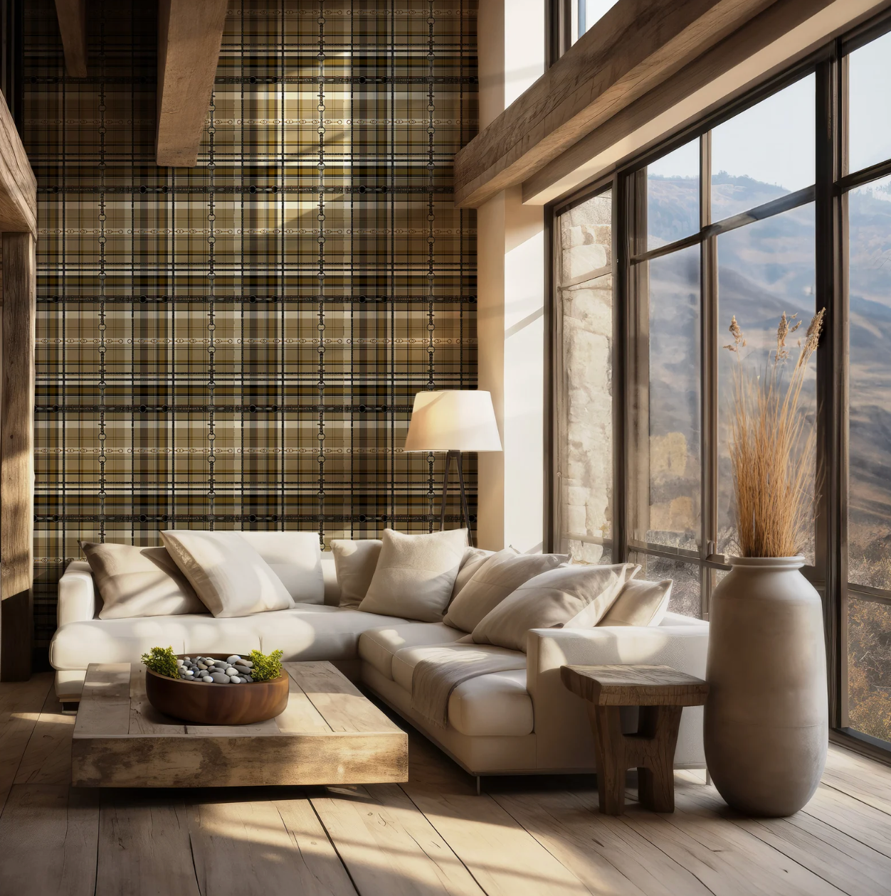 Yellow Ochre Plaid Wallpaper Bit and Rein Pattern Traditional Red and Brown Plaid Luxury Equestrian Home Decor Farmhouse Wall Accent
