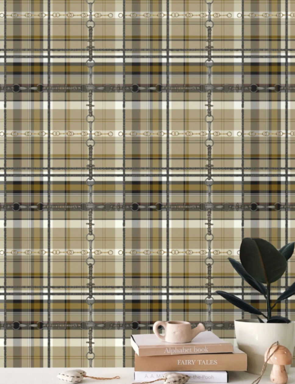 Yellow Ochre Plaid Wallpaper Bit and Rein Pattern Traditional Red and Brown Plaid Luxury Equestrian Home Decor Farmhouse Wall Accent