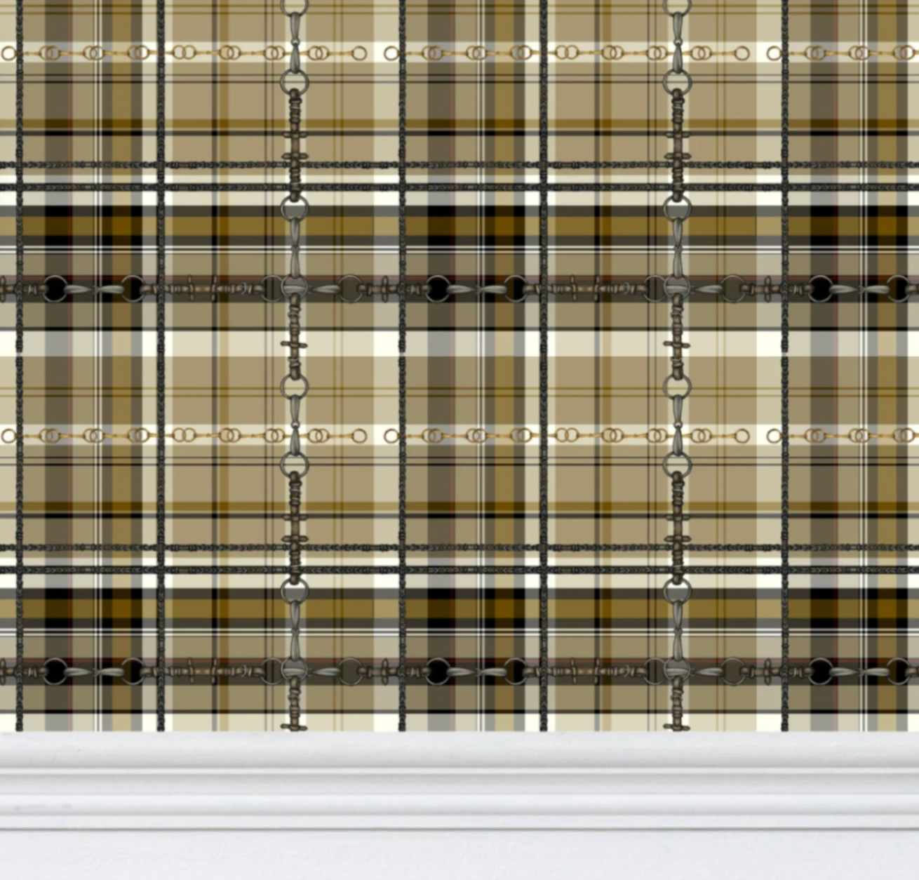 Yellow Ochre Plaid Wallpaper Bit and Rein Pattern Traditional Red and Brown Plaid Luxury Equestrian Home Decor Farmhouse Wall Accent
